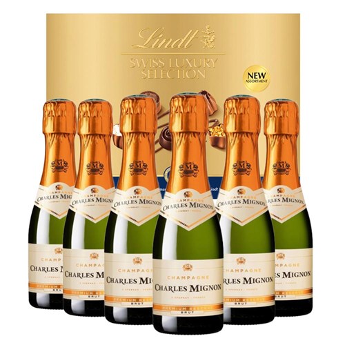 Mini Charles Mignon Brut Champagne 20cl Case of 6 with Lindt Swiss Tradition Chocolates 193g